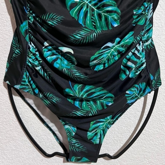 Black & Green Fronds Print One Piece Swimsuit XL - Picture 4 of 10